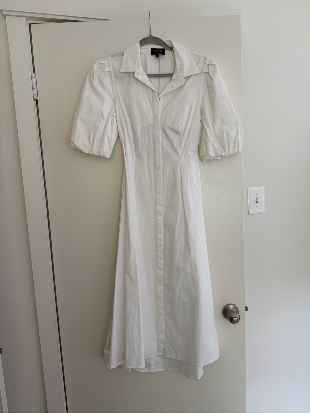 Bardot White Collared Midi Dress with Puff Sleeves